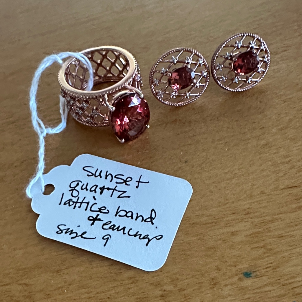 Nyc Ii Oval Salmon Quartz & White Zircon Rose Gld Vermeil Ring Sz 9 And Earrings